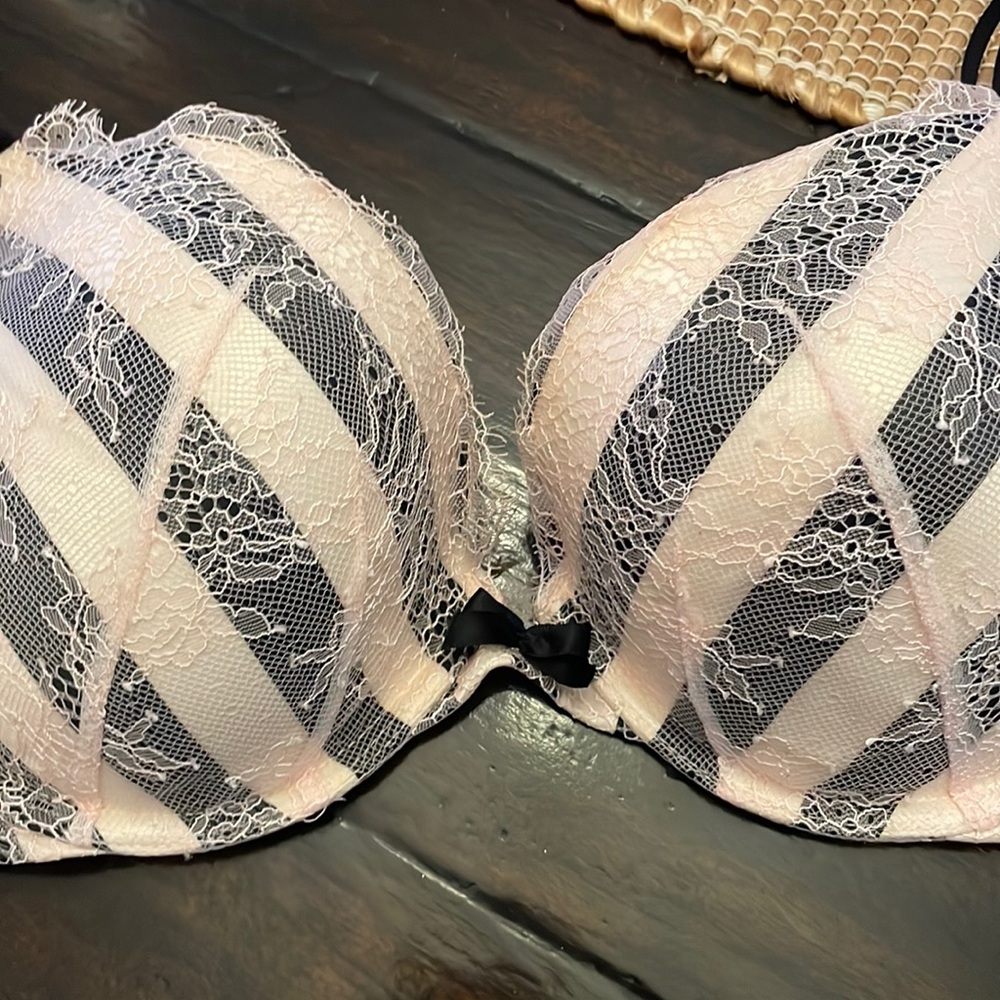 Victoria Secret black and white stripe w light pink lace overlay